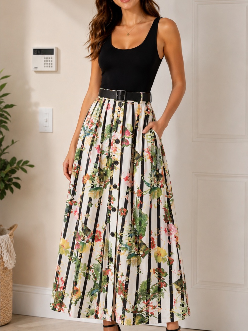 Floral A-Line Skirt with Black Accents. Like new